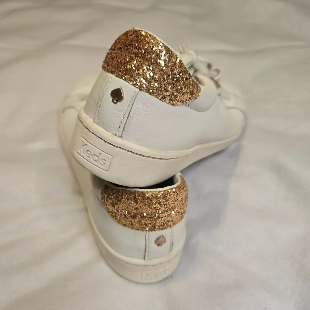 Keds For Kate Spade White Leather Sneakers Shoes Rose Gold Glitter Women's‎ Size